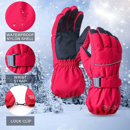 Kids Winter Glove Boys Girls Snow Ski Waterproof Gloves for Teens Fleece Lining Warm Mittens Outdoor Red, 7-11T